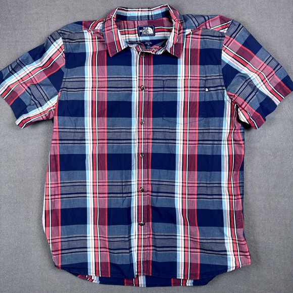 The North Face Shirt Mens XL Red Blue Plaid Lightweight Button Up Short Sleeve - Picture 3 of 8